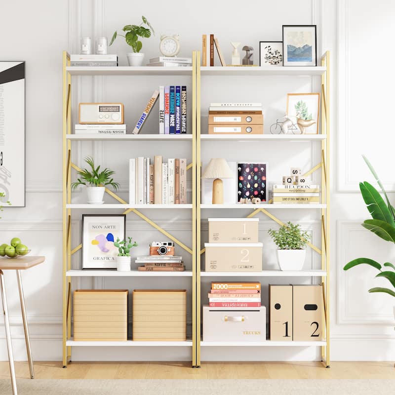 H-Shaped 5-Tier Storage Bookcase, 62.2" Tall Standing Bookshelf with Adjustable Feet