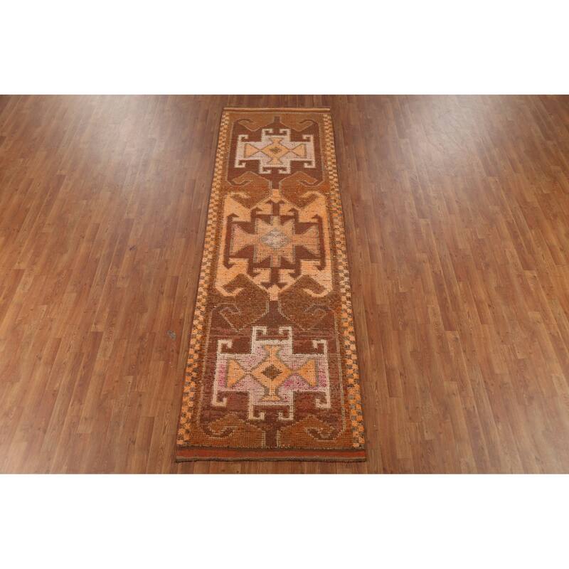 Brown Oushak Turkish Vintage Runner Rug Hand-Knotted Wool Carpet - 3'5"x 10'9"