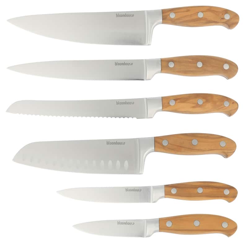 Bloomhouse 7 Piece Italian Olive Wood Knife Block Set W/ German Steel Forged Knives