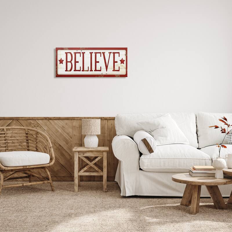 Stupell Believe Sign Red Christmas Holiday Word Design Canvas Wall Art, Proudly Made in USA