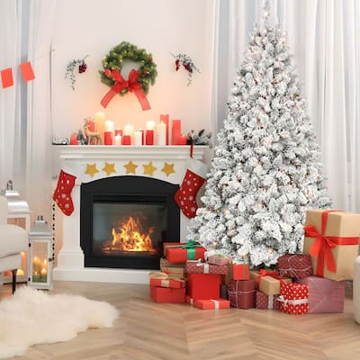 4.5FT Flocked Christmas Tree with 250 UL Lights and 24 Natural Pine Cones-Snowy PVC Tips, 498 Tips, Hinged Structure