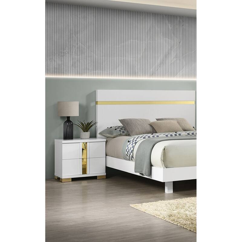 Nightstand with Acrylic Trim, Wooden Bedroom Coffee Table, Sofa Side Table with 2 Drawers & Bracketed Metal Legs - White