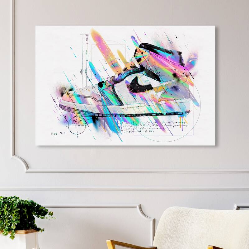 Wynwood Studio Fashion and Glam Artistic Sneaker Holo White and Cyan Modern & Contemporary Wall Art Canvas Print - 30 x 45