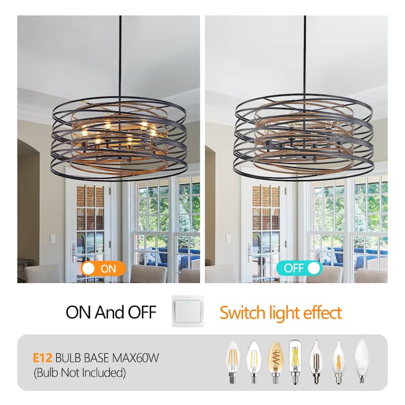 Sofucor 13/20/24 Inch Rustic Industrial Pendant Light,Black and Walnut Metal Cage Chandelier with Wood Accents for Dining Room