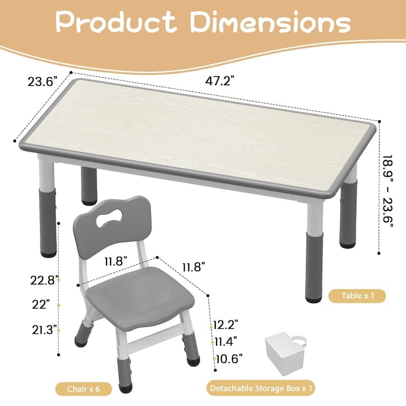 Height Adjustable Kids Table and 6 Chairs Set with Storage Box