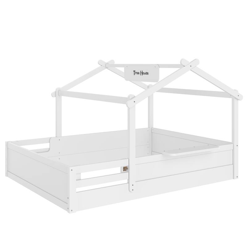 Roomfitters House Floor Bed with Guardrails and Roof, Solid Wood Frame with Tray and Signboard