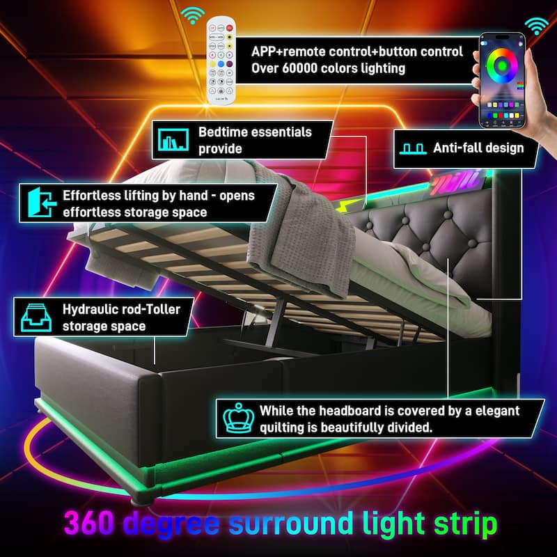 Twin/Full/Queen/King Upholstered Storage Bed with 360掳 LED, USB Type-C Charging, Remote/App Control, Black PU