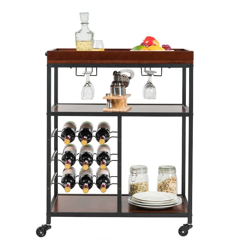 Gymax 3 Tier Storage Kitchen Trolley Utility Bar Serving Cart w/Wine
