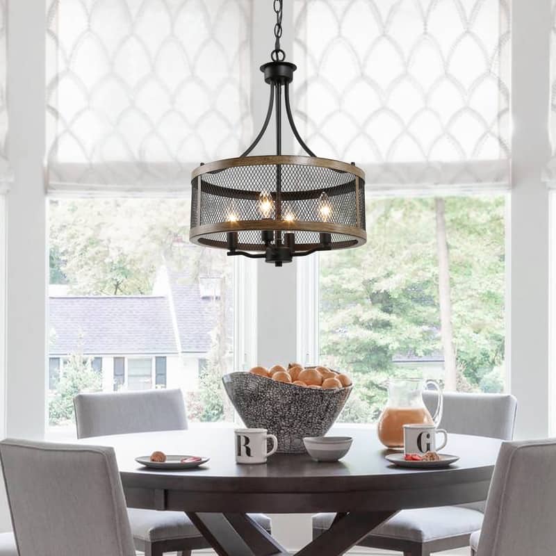 Modern Farmhouse 4-Light Drum Chandelier Wood Grain Ceiling Lights for Dining Room - W16"xH21"