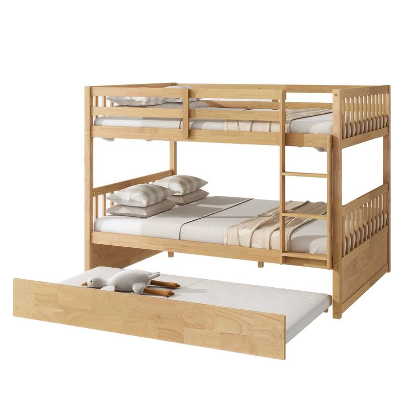 Roomfitters Full Over Full Rubber Wood Bunk Bed with Trundle, Convertible to Two Full Beds with Ladder and Guardrails