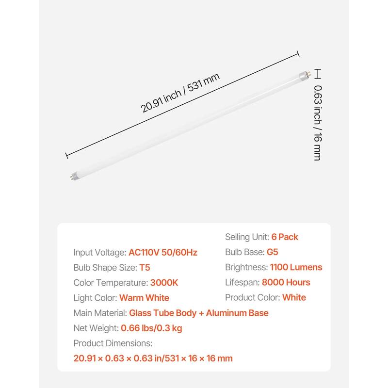 White 21 inches T5 Fluorescent Bulbs 6-Pack Warm White 1100 Lumens - 20.91 L x 0.63 W x 0.63 H