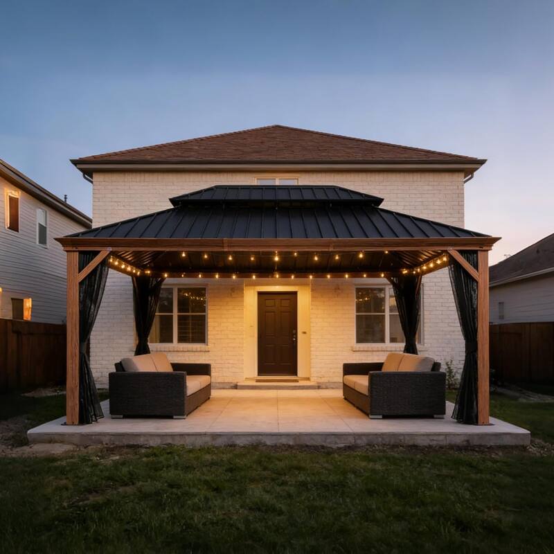 PURPLE LEAF Hardtop Gazebo Galvanized Steel Roof Gazebo Pergola w Wooden Coated Alumninum Frame and Mosquito Net - 14ft x 16ft - With lights