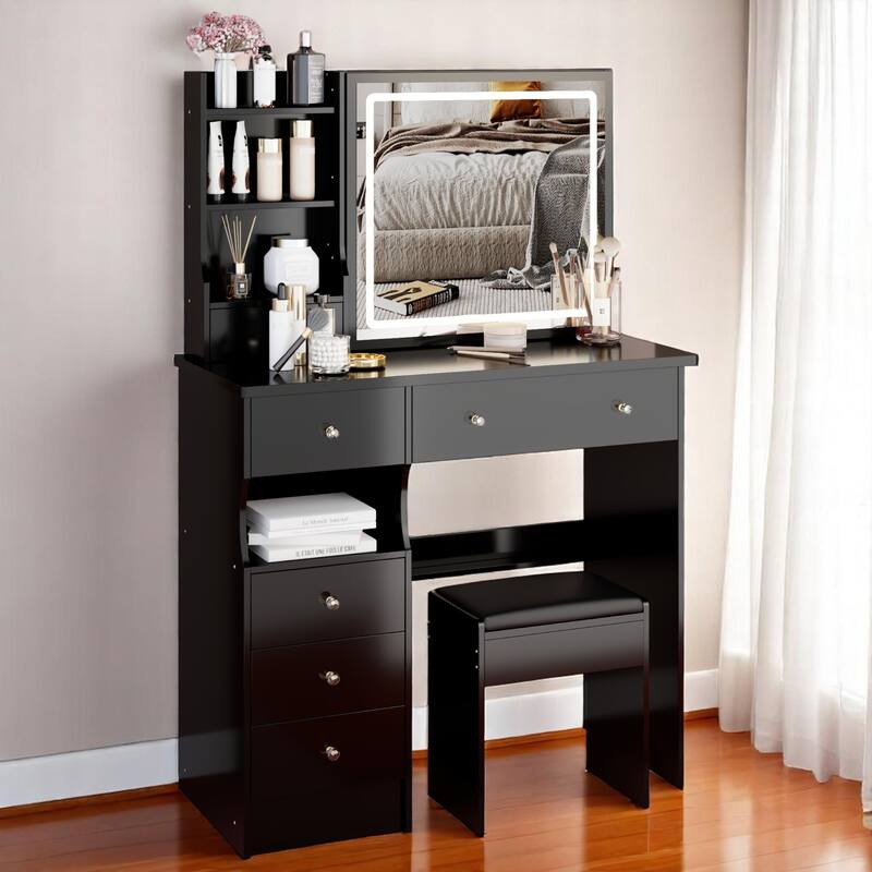 KISRAIS Fashion Vanity Desk with Mirror and Lights, 3 Color Lighting Brightness Adjustable