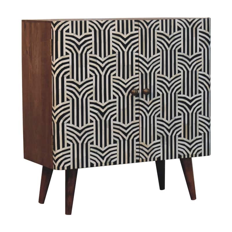 Artisan Furniture Solid Wood Honey Caramel Edessa Bone Inlay Cabinet, Black and white With Two Drawers
