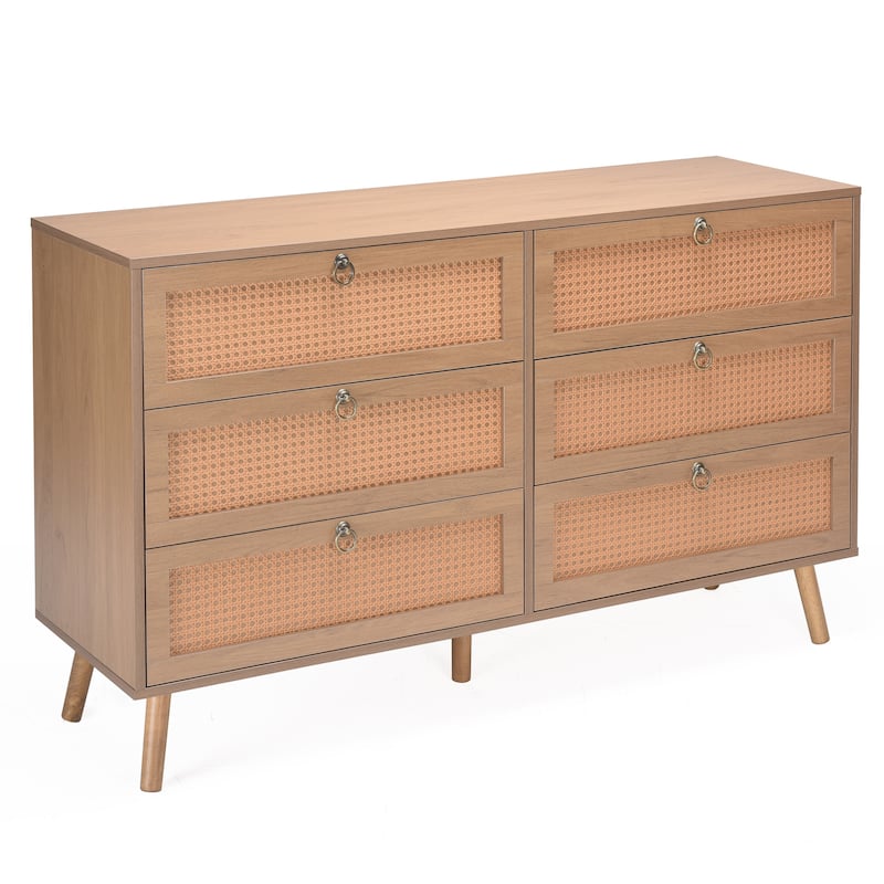 PE Rattan Double Dresser with 6 Drawers, Chest of Drawers Bedroom Storage Organizer