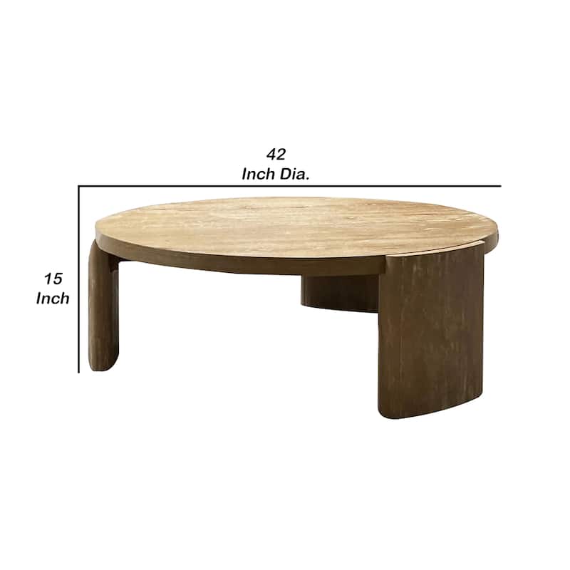 Timore Cocktail Coffee Table, Round 42 Inch Oak Brown Wood Top, Plinth Base