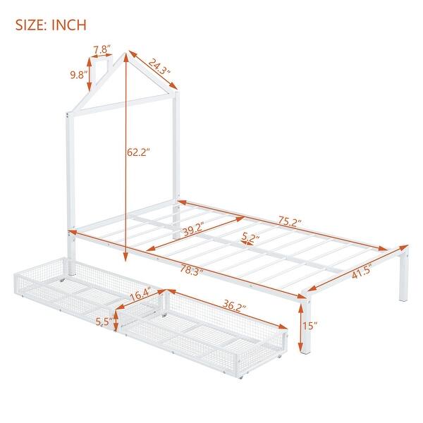 Metal Bed Frame with 2 Drawers and House-Shaped Headboard Design, Twin Size Platform Bed for Kids, Easy Assembly,White
