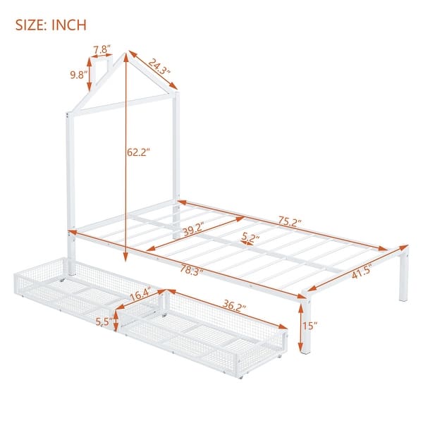 dimension image slide 1 of 2, Twin Size Metal Platform Bed with 2 Drawers,House-Shaped Headboard Design, White