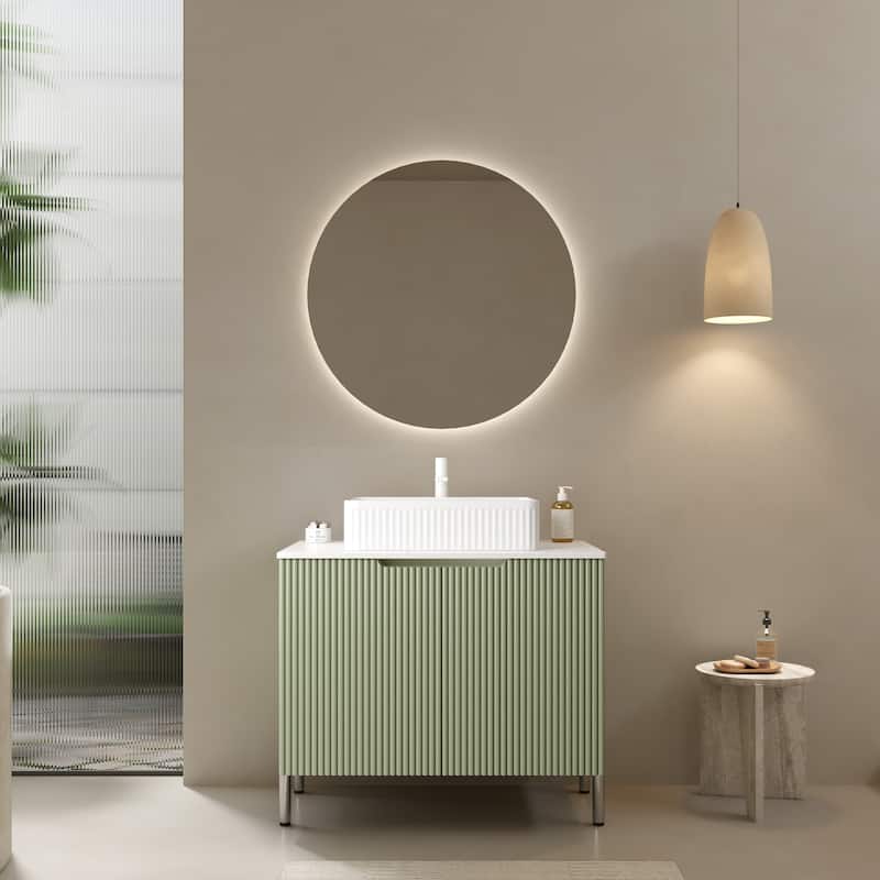 Freestanding Bathroom Vanity with Vertical Stripe Design and Soft-Close Doors, Ceramic Basin with Curved Edges