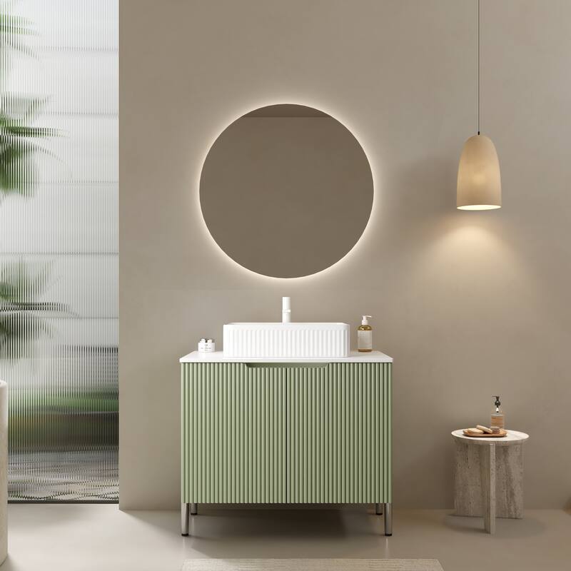 GDFStudio - Turio 30" Freestanding Bathroom Vanity with Dual Doors, Ceramic Basin & Sintered Stone Countertop, WITHOUT Faucet - Green