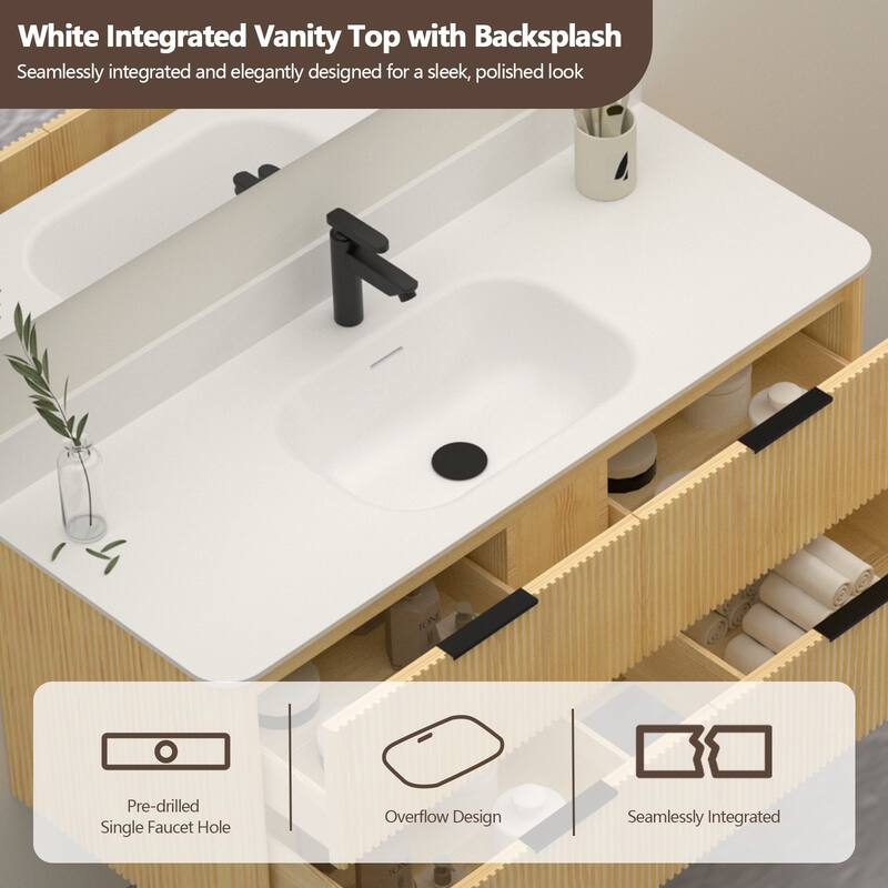 48" Floating Bathroom Vanity with Integrated countertop Rectangulare Sink Solid Wood - 48 inch