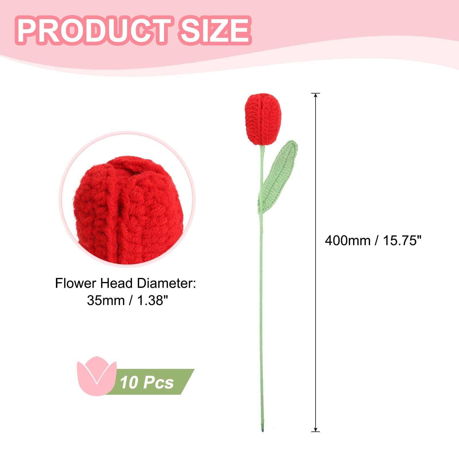10 Pcs Tulip Crochet Flowers Bouquet for Gift Decoration Pink - 6.6 Feet