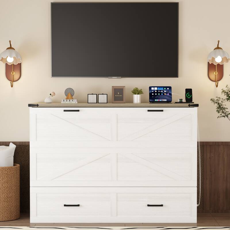 Queen Size Farmhouse Murphy Cabinet Bed with Charging Station, Foldable Platform Bed with Large Storage Drawer for Guest-Room
