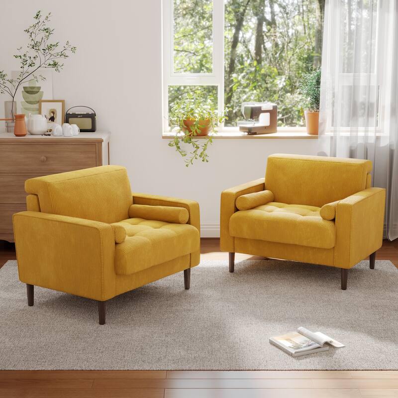Corduroy Upholstered Accent Chair with Bolster Pillows Set of 2 - YELLOW