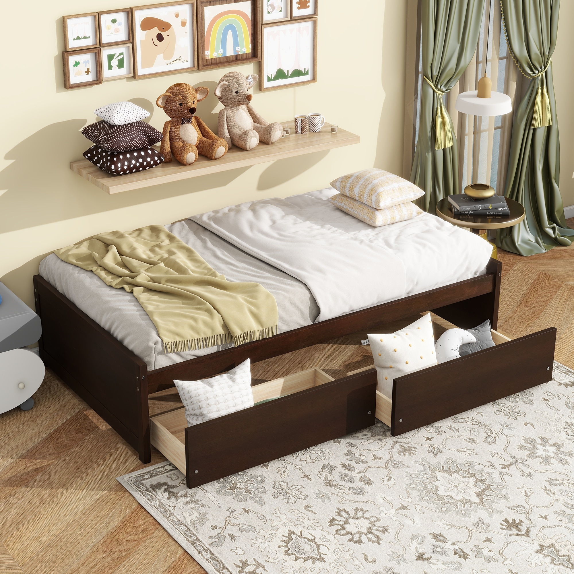 Roomfitters Twin Rubber Wood Bed Frame with Two Pull-Out Storage Units, Low Profile Platform Design