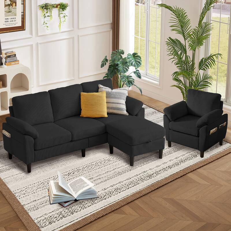 79.72" Corduroy 3 Pieces Living Room Sets Including Sectional Sofa with Storage Ottoman and Armchair Set