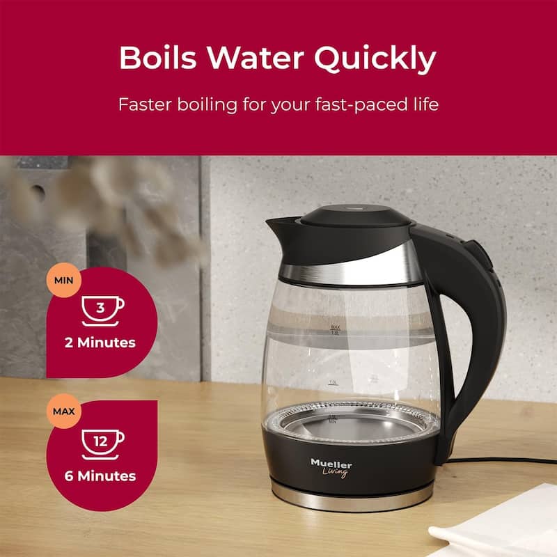 MuellerLiving Electric Kettle, 1500W SpeedBoil with Auto Shut-Off, 1.8L Cordless with LED Light, Borosilicate Glass, BPA Free