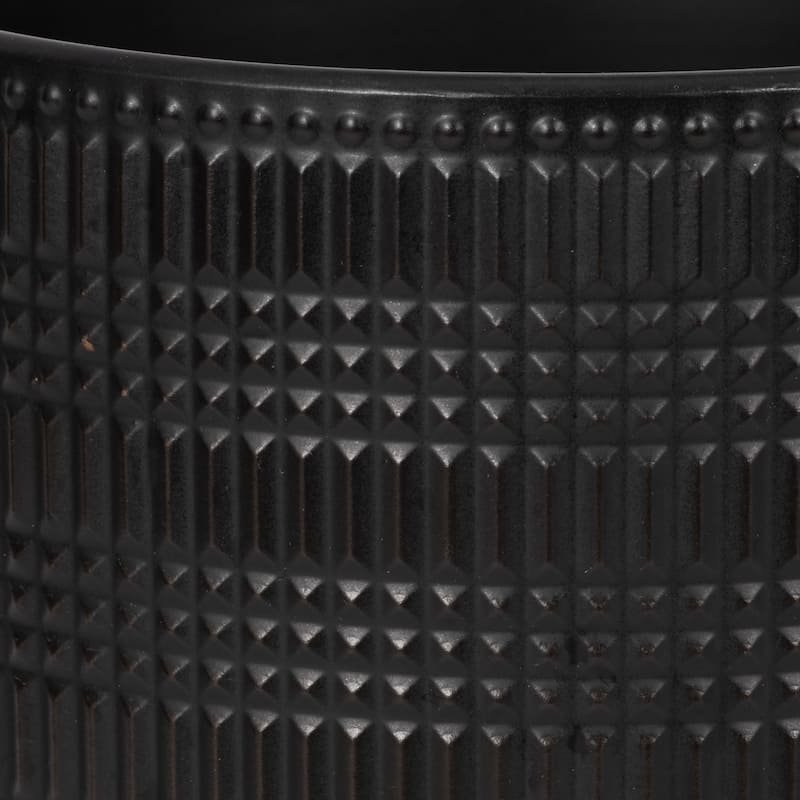 Black Ceramic Planter on Bamboo Stand Contemporary Embossed Tribal Design For Indoor or Outdoor Plants, Succulents,