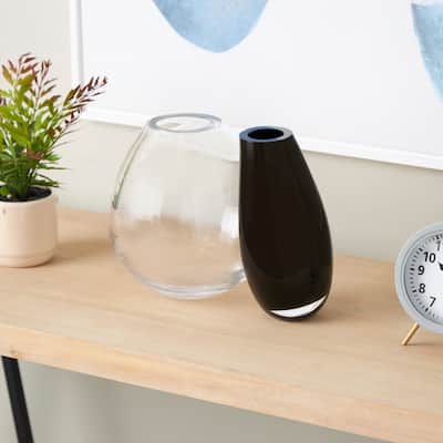 Black Recycled Glass Handmade 2 Opening Abstract Decorative Vase with Clear Glass Accent