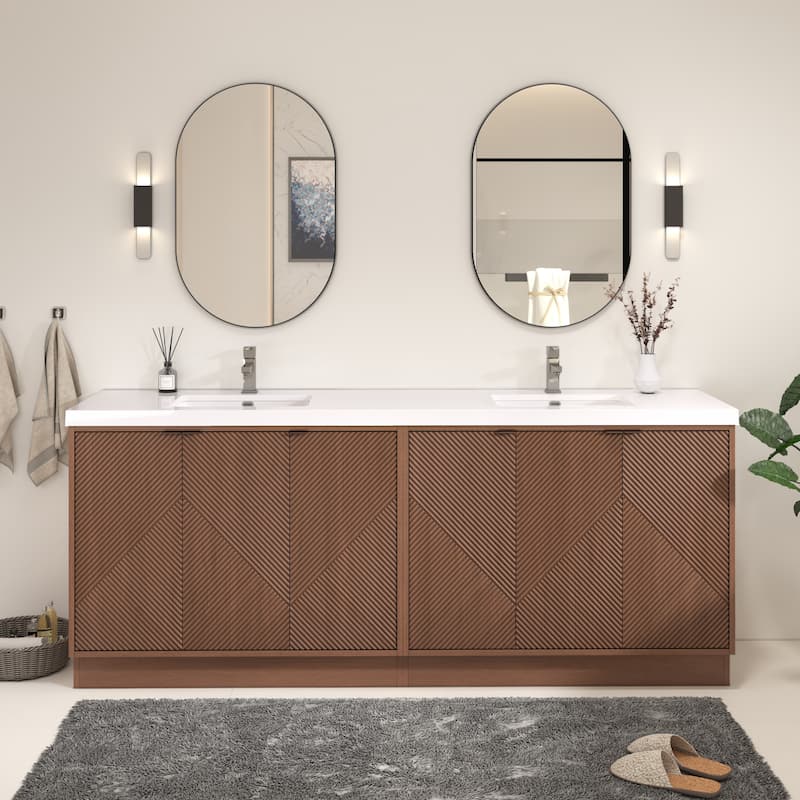 Milano 84" Freestanding Bathroom Vanity with Double White Sink - 83.46" x 19.49" x 35.46'' - Brown