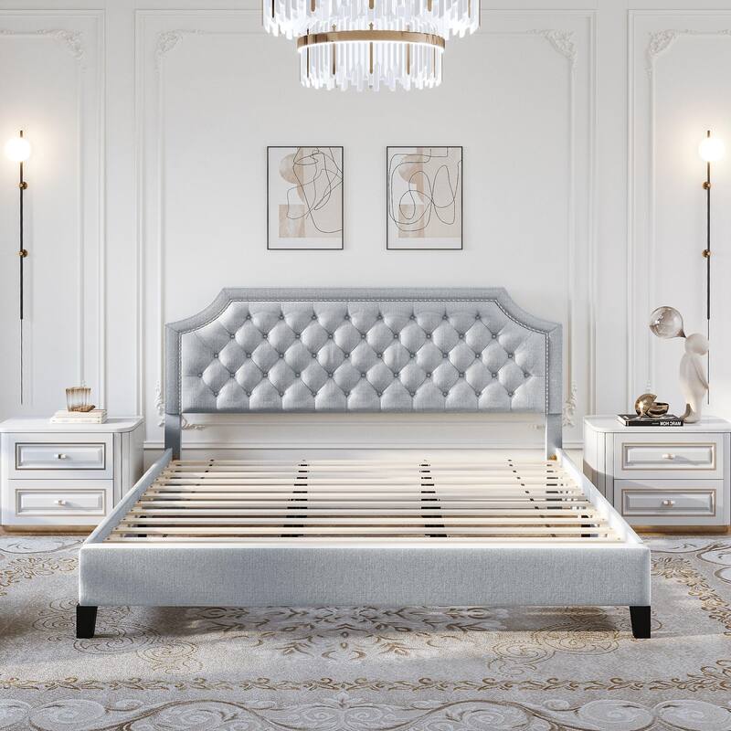 Moasis Upholstered Tufted Bed Frame with Adjustable Height Headboard (Full/Queen/King)