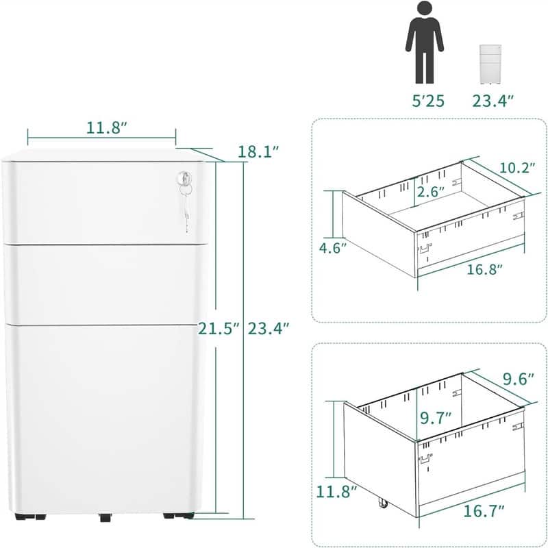 3-Drawer Slim File Cabinet with Lock - 11.8"D x 11.8"W x 23.4"H