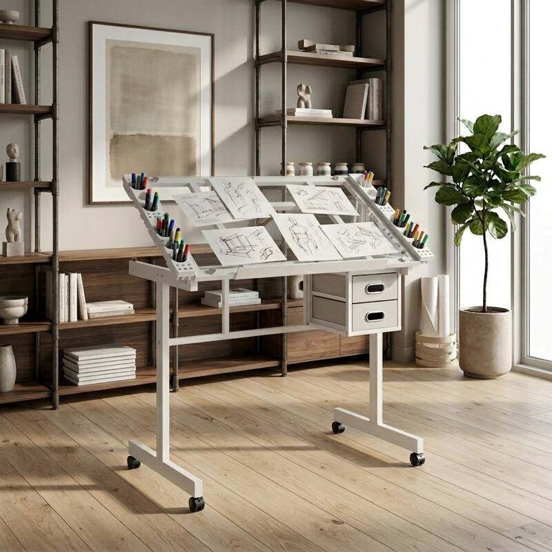 Adjustable Art Drawing Desk Craft Station Drafting with 2 fabric Drawers and 4 Wheels (white) - White
