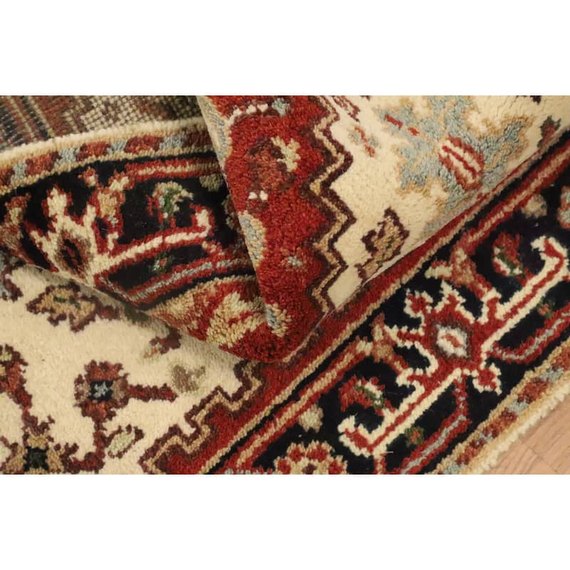 Hand Knotted Oriental 100% Wool Carpet Traditional Geometric Beige & Ivories Heriz (serapi) Runner Rug - 9' 11'' X 2' 5''