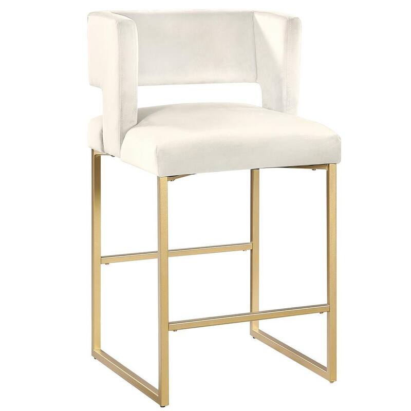 27 Inch Counter Stool Set of 2 with Soft Padded Cream Velvet Upholstery, Gold Metal Legs, Kitchen Side Stool