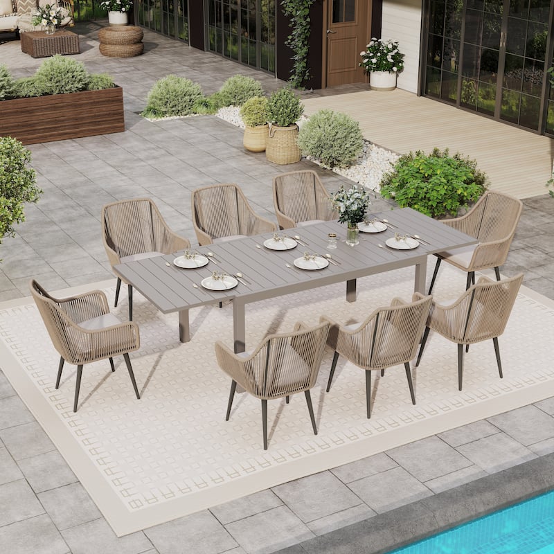 9-Piece Expandable Aluminum Patio Dining Set with PE Twisted Rattan Chairs & Polyester Cushions