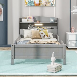 Twin Size Wood Platform Bed with LED Light and Storage Headboard, Antique Grey