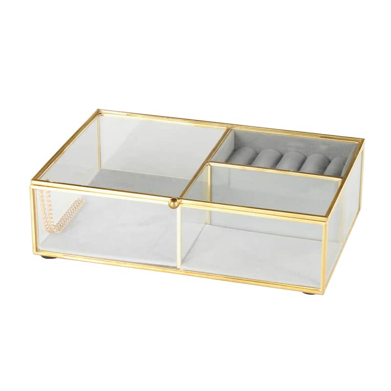 Clear Glass Jewelry Box with Gold Metal Frame and Gray Fabric Interior with Ring Slots