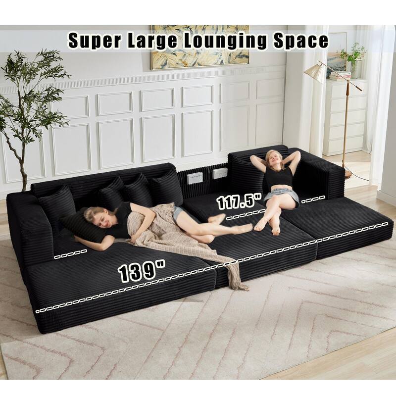 Corduroy L-shaped Chaise Sectional Sofa Convertible Sleeper Sofa Bed