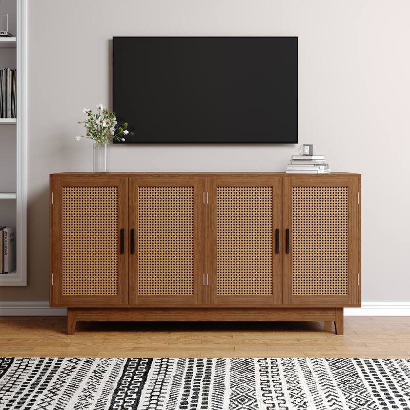 Rattan Accent Cabinet Storage Sideboard Buffet with 4 Doors - Walnut