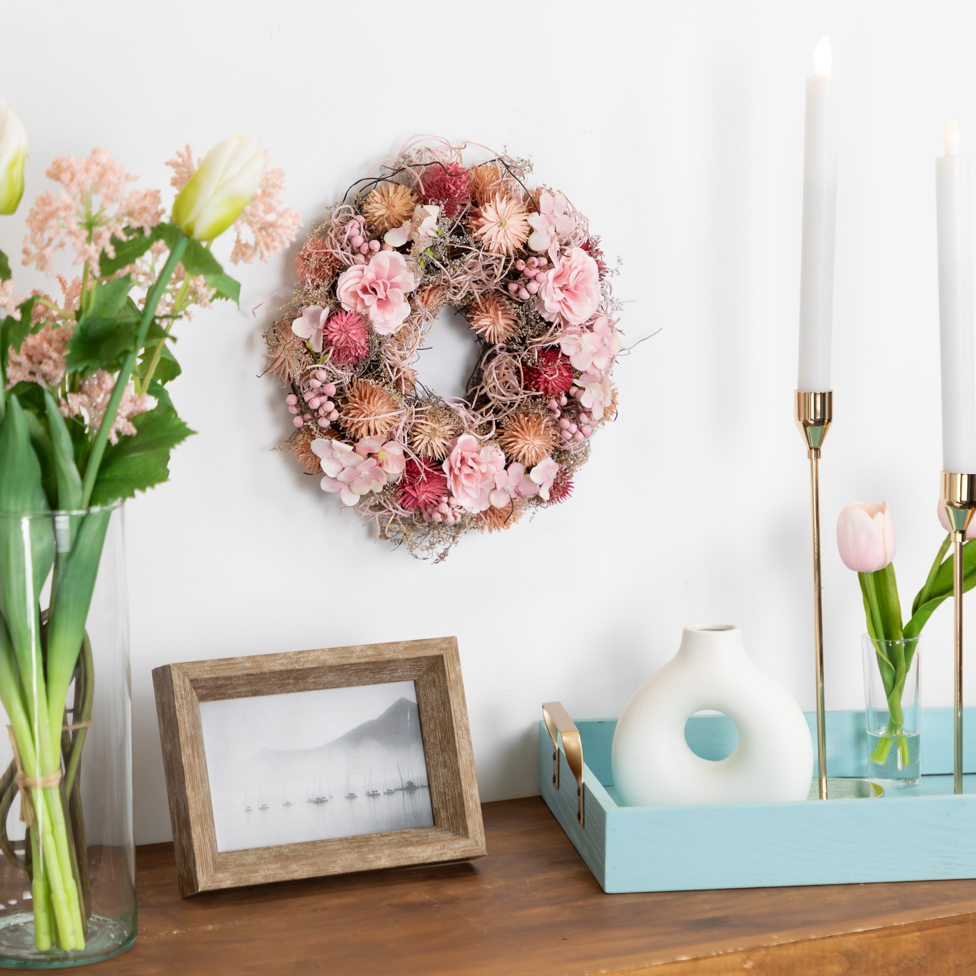 Mixed Floral Mini Artificial Spring Wreath - 10" - Pink
