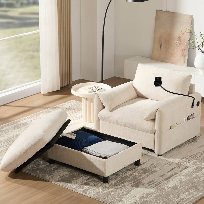 Roomfitters 37" Single Sofa with Storage Ottoman, Chenille Armchair with Phone Holder and Charging Ports, Lounge Chair - Beige