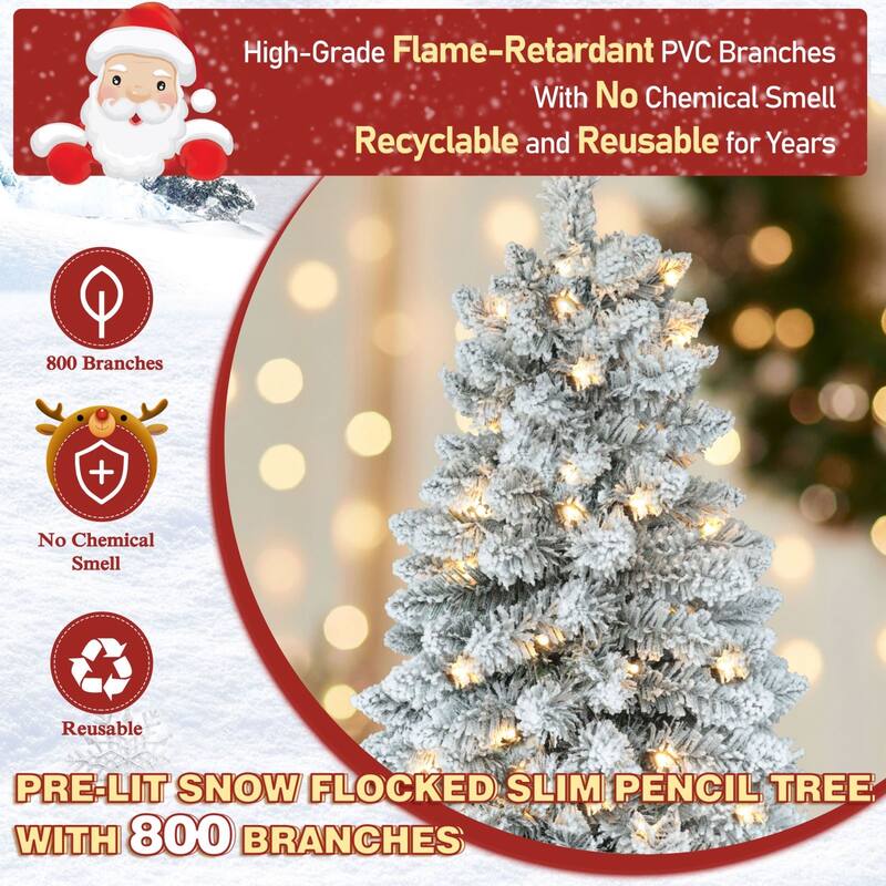 VEIKOUS Pre-Lit Artificial Christmas Tree Pencil Snow with Foldable Iron Stand with LED lights, 5.5/6.5/7.5 ft