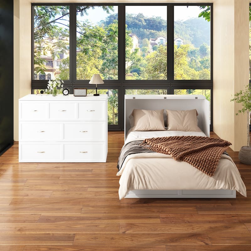Dresser Full Murphy Bed White For Party Room Home Office Space Saving - 55.1"x86.4