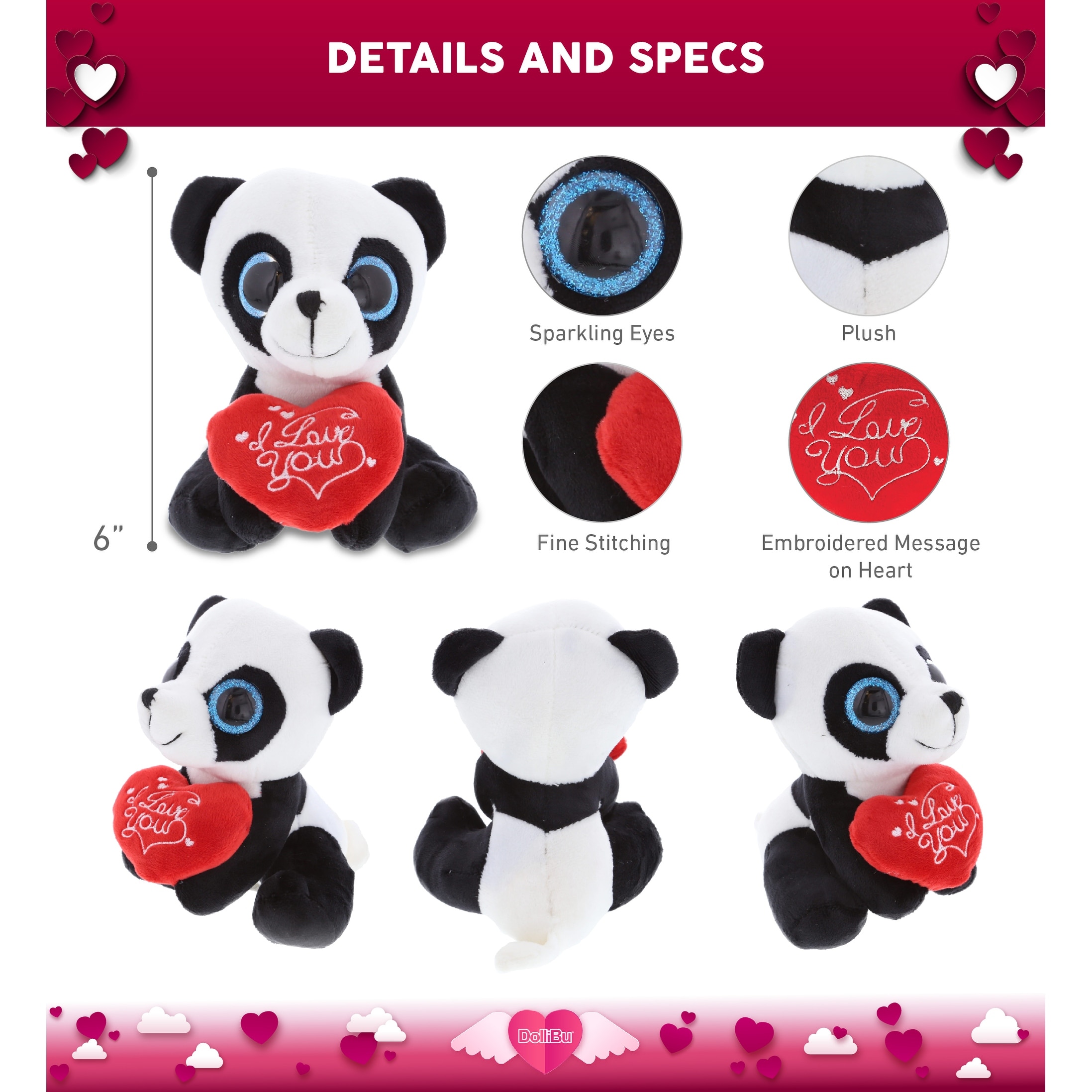 DolliBu I LOVE YOU Plush Sparkling Big Eye Panda Bear Animal with