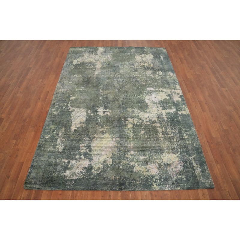 Hand Knotted Oriental Viscose Silk Carpet Modern All-Over Green Abstract Area Rug - 7' 9'' X 5' 6''